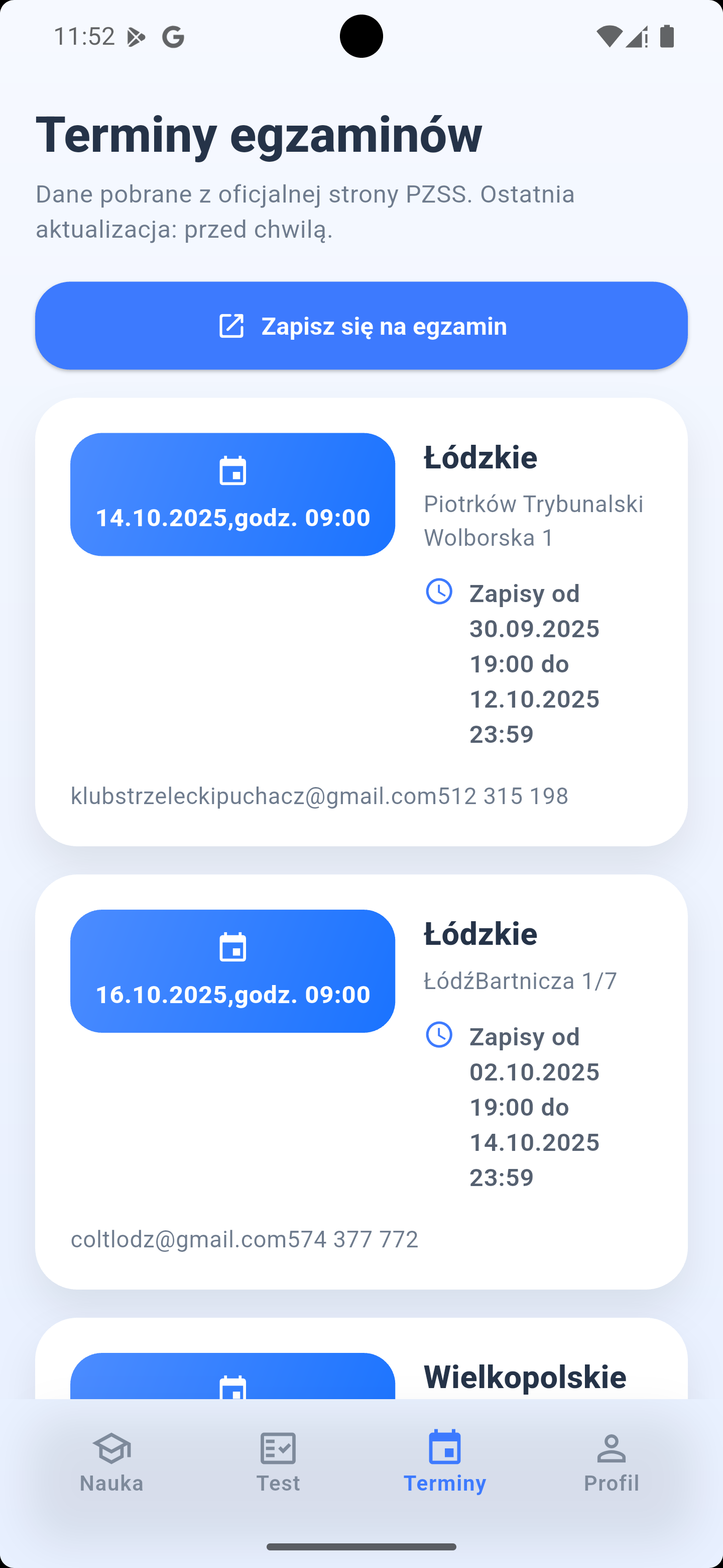 Widok listy egzaminów próbnych w aplikacji Zdaj Patent