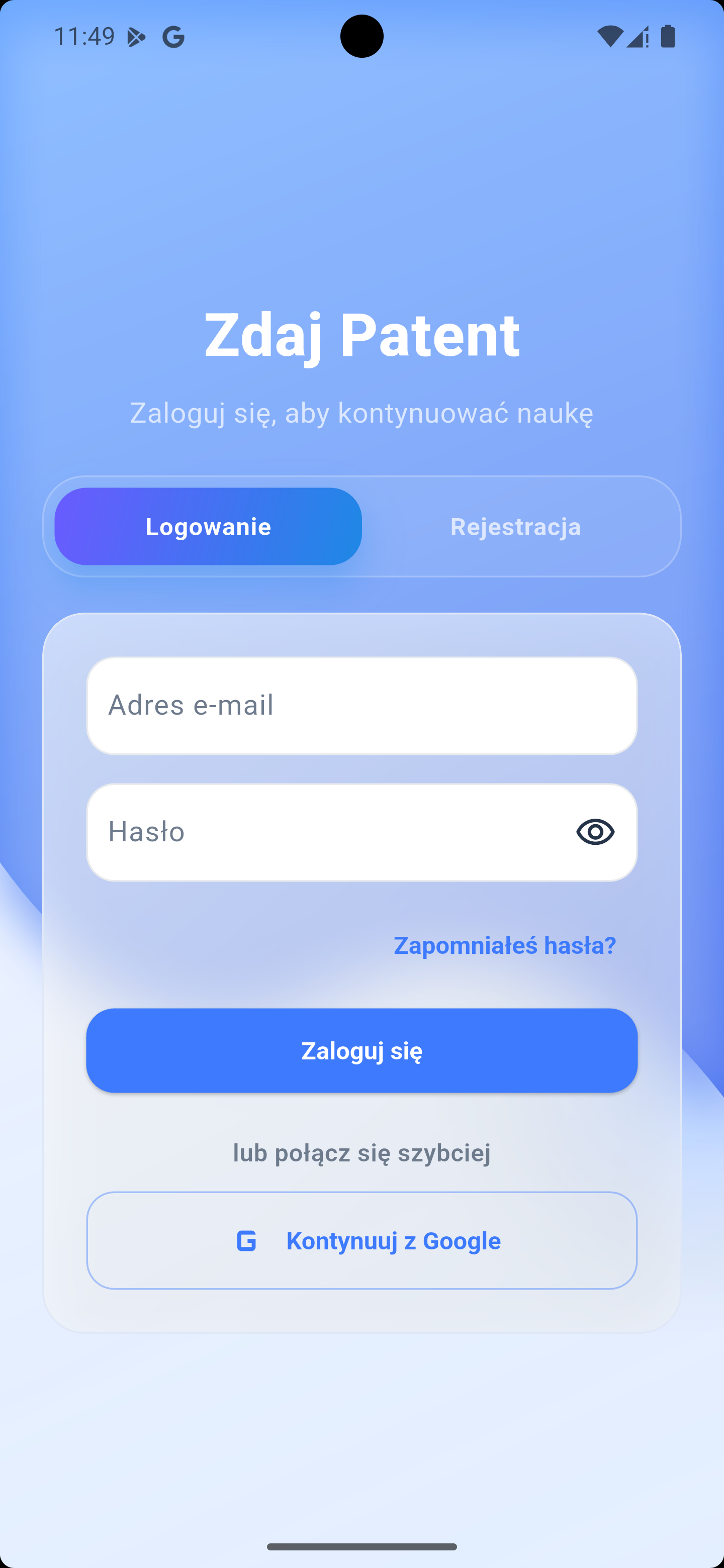 Ekran logowania aplikacji Zdaj Patent