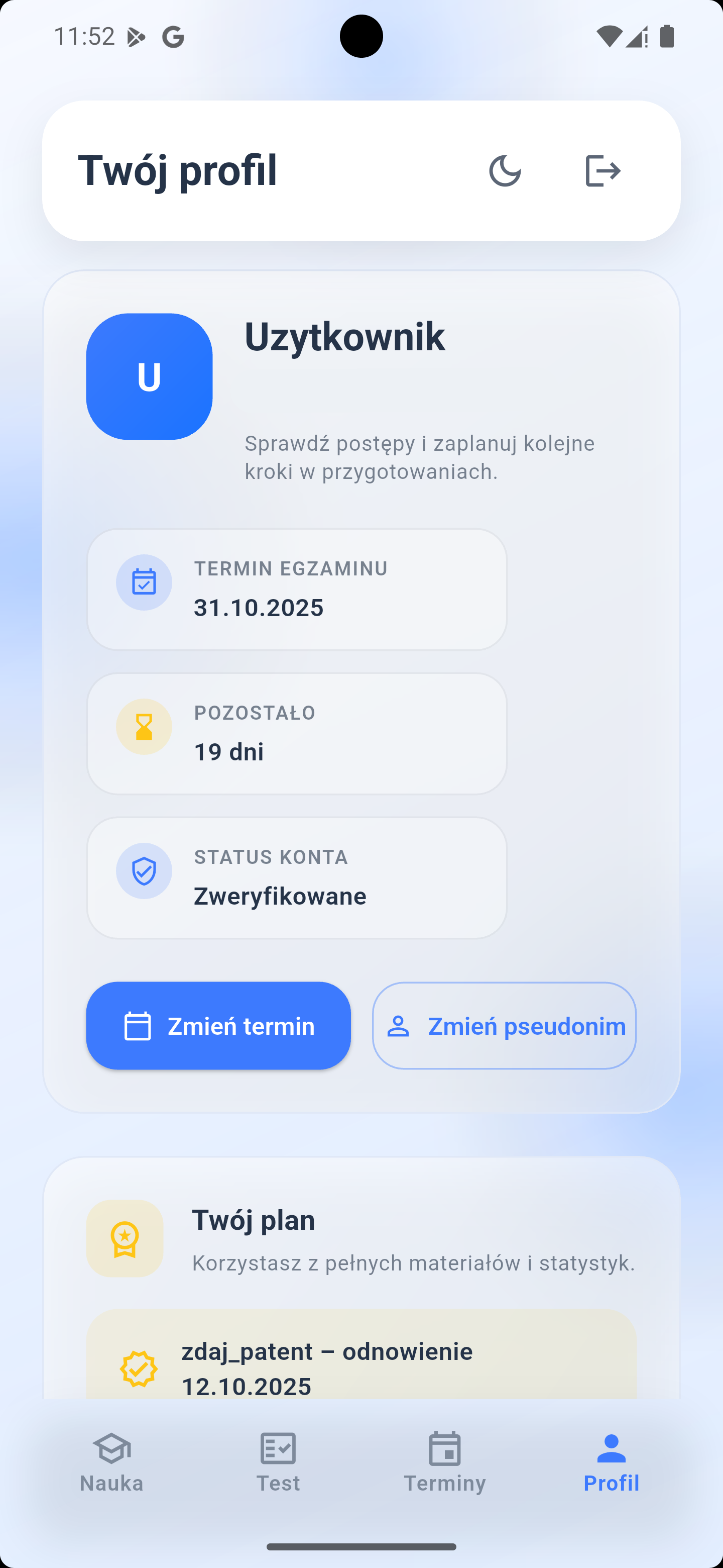 Profil użytkownika w aplikacji Zdaj Patent